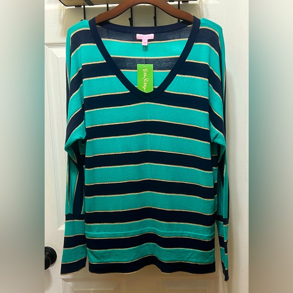 NWT Lilly Pulitzer Womens Autumn Sweater  Gold Metallic Stripe Lagoon Green